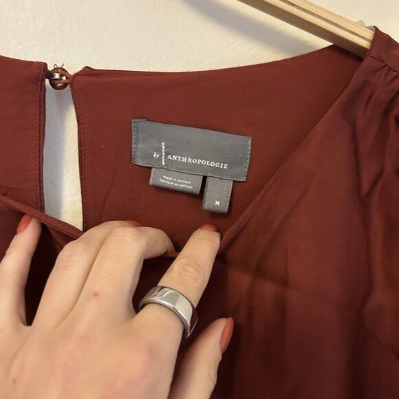 Anthropologie Ruched Peasant‎ Blouse Rust Red M Silky Work Office Professional - Picture 4 of 9